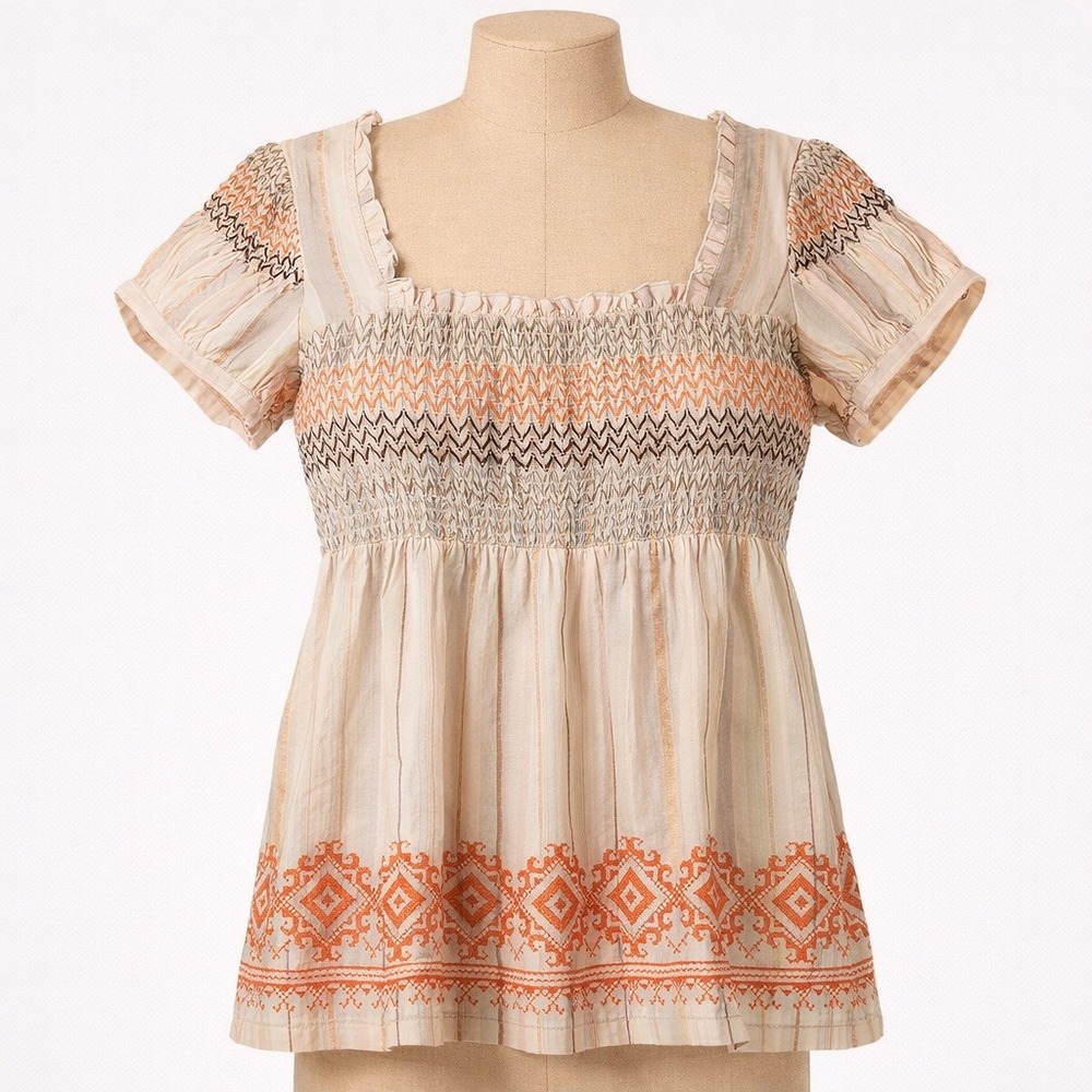 Anthropologie Striped Smocked Peasant Top Sz S Tan Embroidered Boho Cottagecore